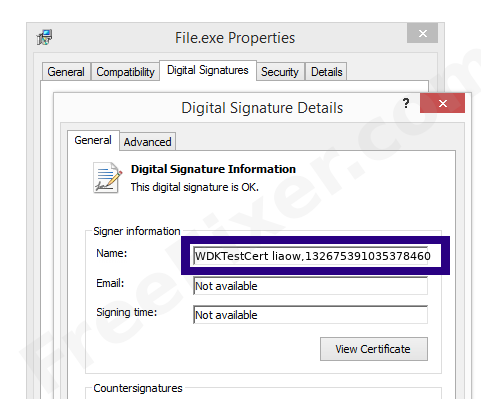 Screenshot of the WDKTestCert liaow,132675391035378460 certificate
